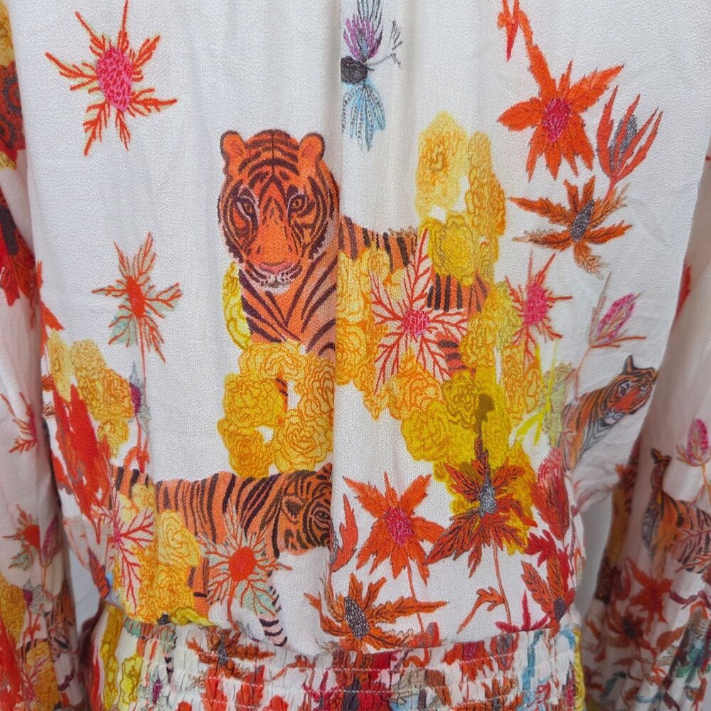 Michelle Morin For Anthropologie Blouse Sz M Floral Tiger Print Wrap Tie Waist - Picture 9 of 14